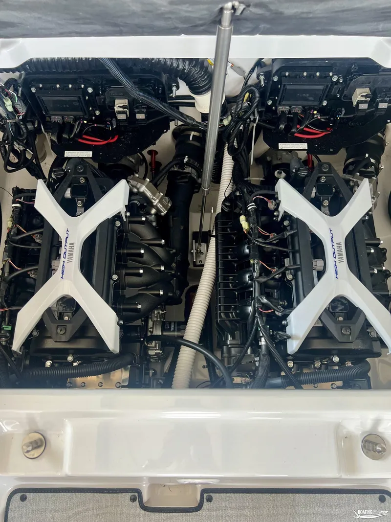 Slide: The Image of 2025 Yamaha AR250 boat engine compartment with dual engines. - 5