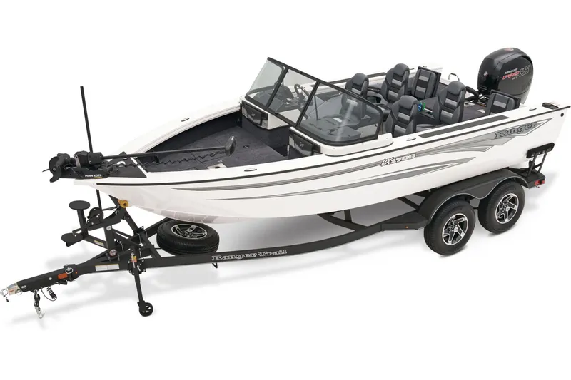 Slide: The Image of 2024 Ranger VX1788 WT boat on trailer, featuring Mercury Pro XS engine. - 2