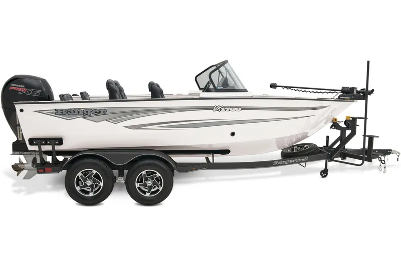 Slide: The Image of 2024 Ranger VX1788 WT boat with 150 Pro outboard motor, black and red design. - 9