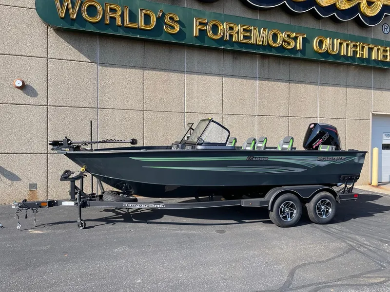 The Image of 2024 Ranger VX1988 WT boat on trailer outside outfitter store. - 0
