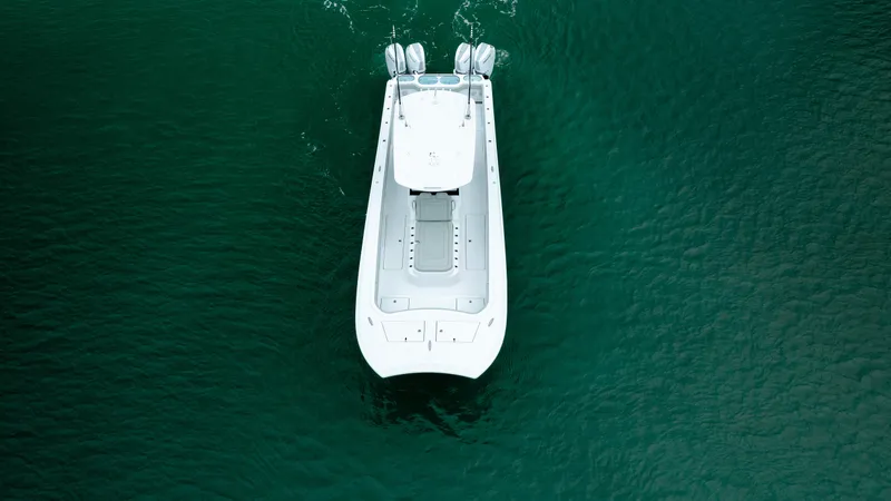 Slide: The Image of Aerial view of 2025 Front Runner 37 Catamaran on calm water. - 46