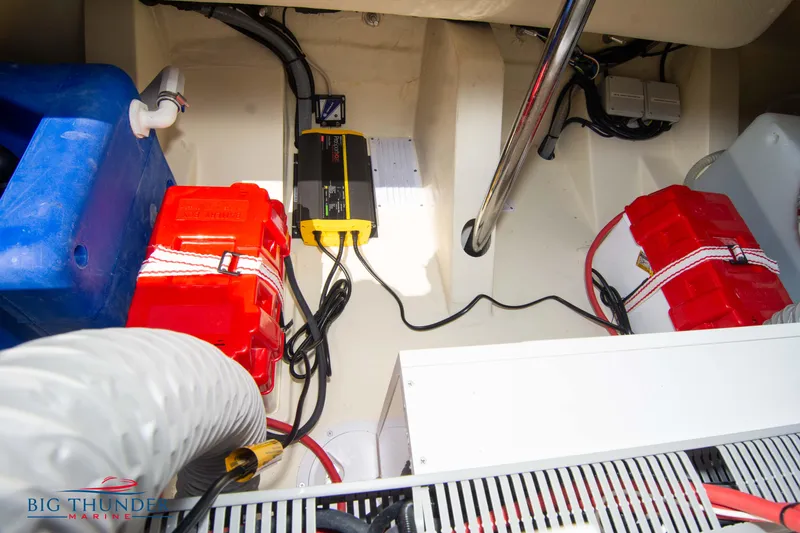 Slide: The Image of 2024 Capoforte CX270 engine compartment with batteries and wiring. - 48