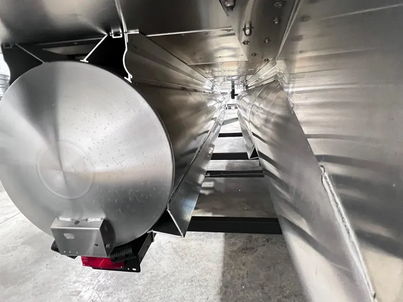 Slide: The Image of 2024 Harris Sunliner 230 pontoon underside view, showcasing aluminum construction and structural details. - 29