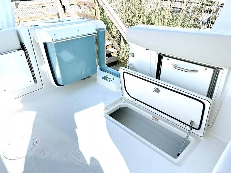 Slide: The Image of 2025 Sailfish 316 DC boat interior with open storage compartments. - 8