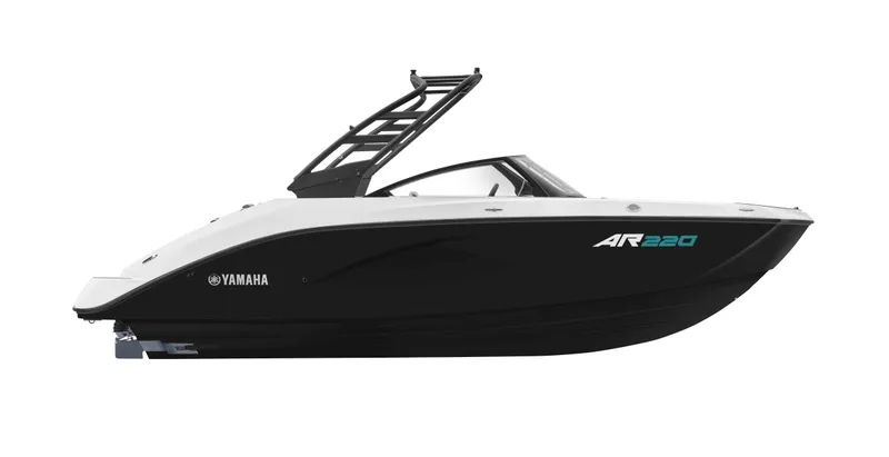 Slide: The Image of 2025 Yamaha Boats AR220, sleek black and white design, side view. - 9