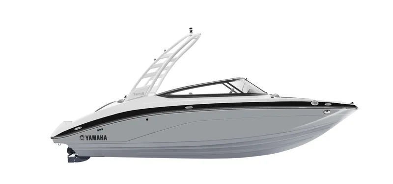 Slide: The Image of 2025 Yamaha Boats 195S, sleek white design, side view. - 25