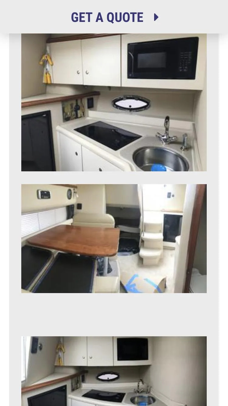 Slide: The Image of 2004 Cruisers 3372 yacht interior with kitchenette, microwave, sink, and dining area. - 7