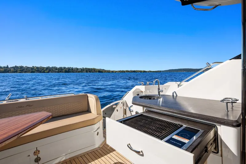 Slide: The Image of 2017 Sea Ray L590 Sport yacht with outdoor kitchen, scenic lake view. - 38