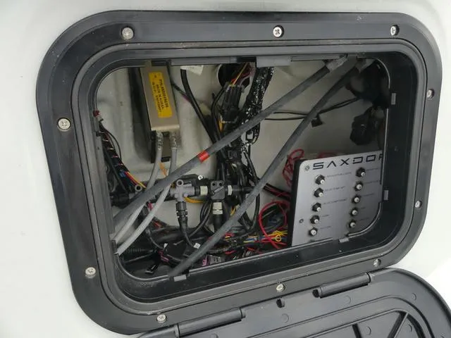 Slide: The Image of Electrical compartment of 2022 Saxdor SX 200 boat, showcasing wiring and components. - 21