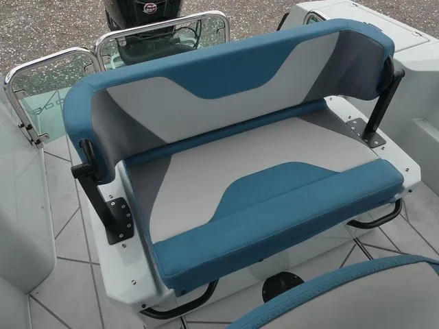 Slide: The Image of 2022 Saxdor SX 200 boat seat with blue and gray upholstery. - 31