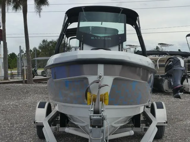 Slide: The Image of 2022 Saxdor SX 200 boat on trailer, front view, parked outdoors. - 4