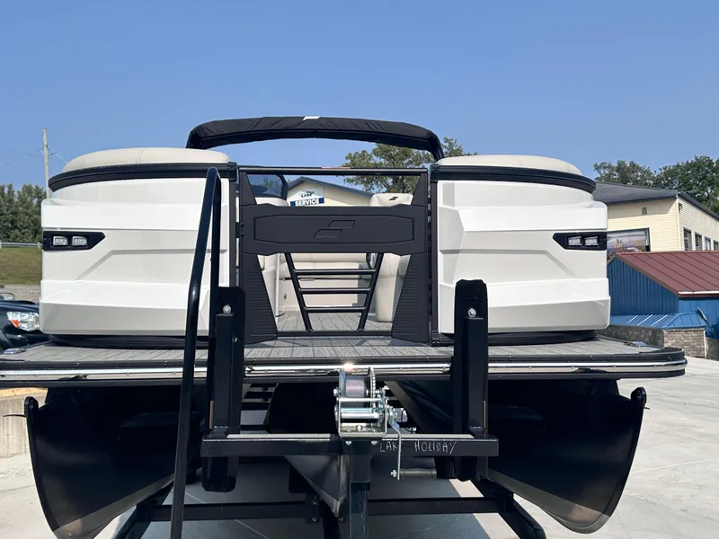 Slide: The Image of 2025 Starcraft RX 25 DL DC pontoon boat on trailer, rear view. - 19