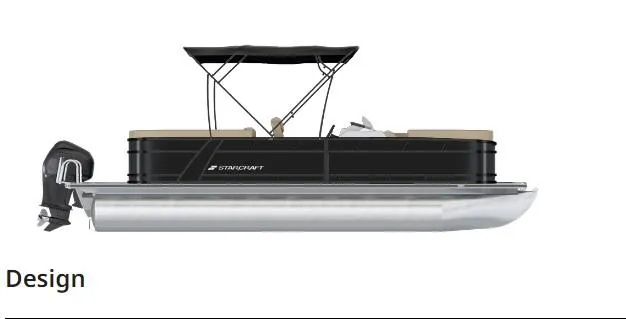 Slide: The Image of Starcraft EXS 1 pontoon boat, 2025 model, side view with canopy and outboard motor. - 20