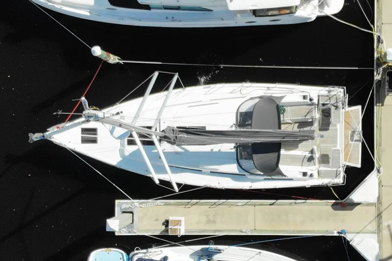 The Image of Aerial view of 2024 Hanse 388 yacht docked at marina. - 0