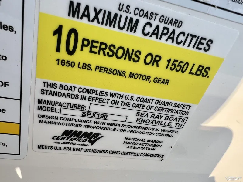 Slide: The Image of Capacity label for 2022 Sea Ray 190 Sport, 10 persons or 1550 lbs. - 9