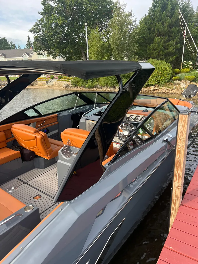 Slide: The Image of 2016 Cruisers Yachts 338 SOUTH BEACH docked, featuring sleek design and luxurious interior. - 8