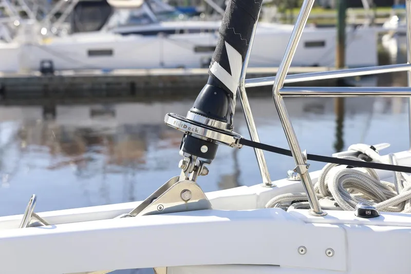 Slide: The Image of Close-up of Jeanneau Sun Odyssey 410 sailboat rigging, 2022 model, docked at marina. - 23