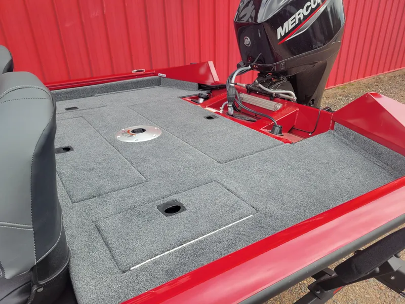 Slide: The Image of 2025 Tracker Pro Team 175 Crappie Edition boat with Mercury engine, red and gray design. - 4