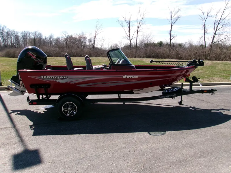 The Image of 2024 Ranger VS1782SC Angler boat in red, parked on a trailer, outdoors. - 0