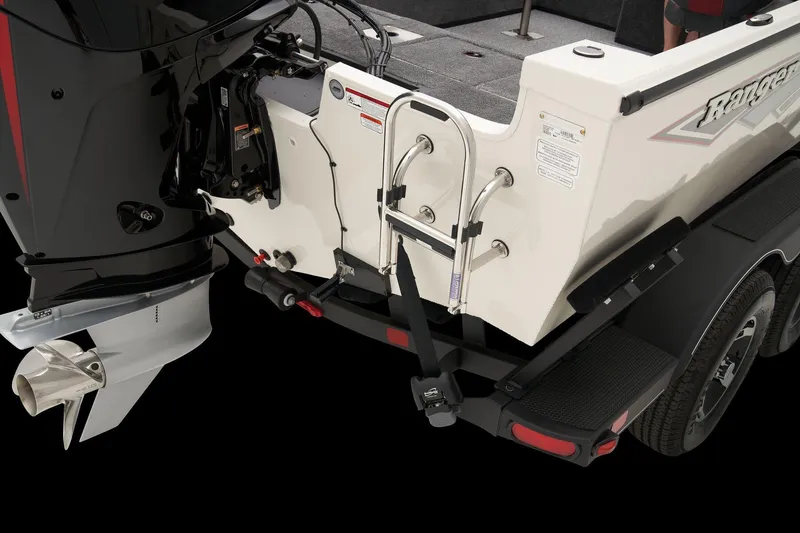 Slide: The Image of 2024 Ranger VS1882SC Angler boat rear view with motor and ladder. - 75
