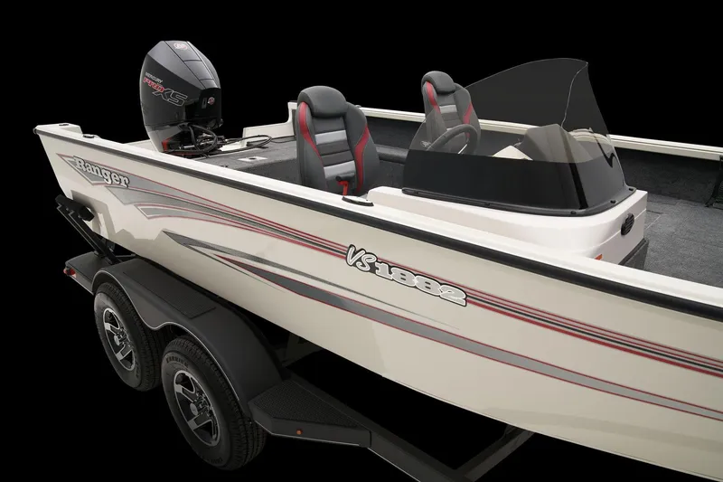 Slide: The Image of 2024 Ranger VS1882SC Angler boat with sleek design and powerful engine on trailer. - 78