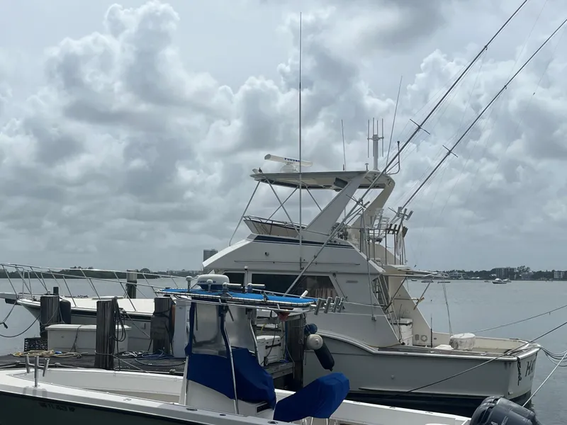 Slide: The Image of 1985 Hatteras 45 Convertible yacht docked under cloudy skies. - 8