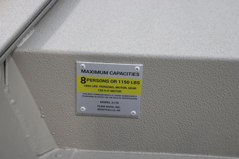 Slide: The Image of Capacity label on 2025 War Eagle 2170 Blackhawk boat, max 8 persons or 1150 lbs. - 25