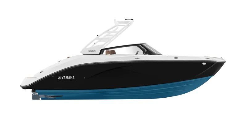 Slide: The Image of 2025 Yamaha Boats 222S, sleek black and blue design, side view. - 19