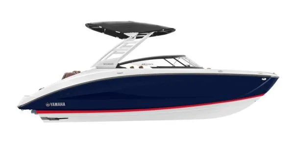Slide: The Image of 2025 Yamaha Boats 252SE, sleek design, blue and white exterior, modern features. - 24