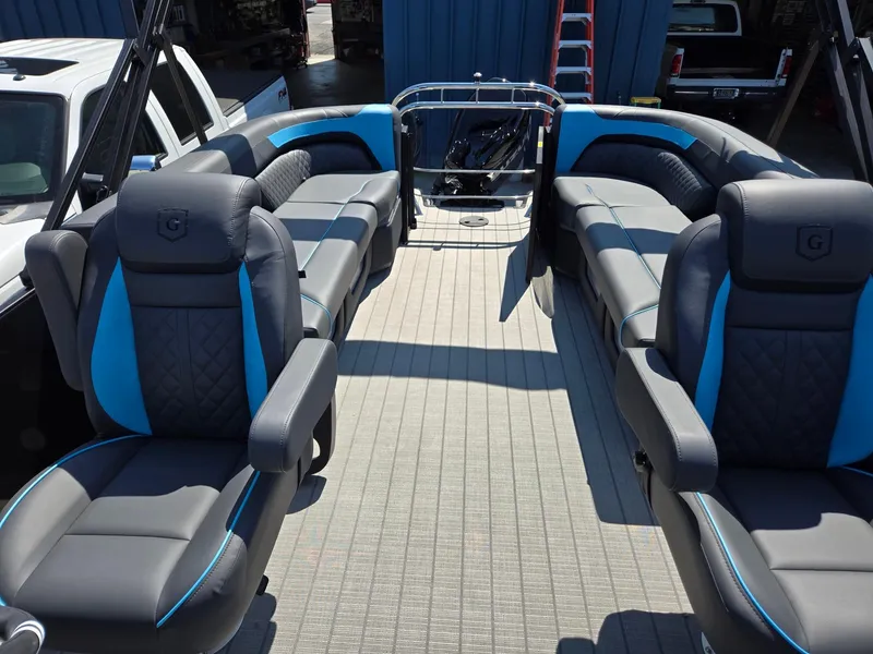 Slide: The Image of 2025 Godfrey Sweetwater 2486 SB pontoon boat with luxurious seating and modern design. - 13