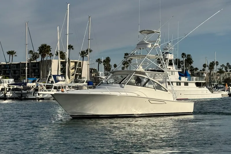 Slide: The Image of 2012 Viking 42 Open yacht docked in a marina with palm trees and sailboats. - 12