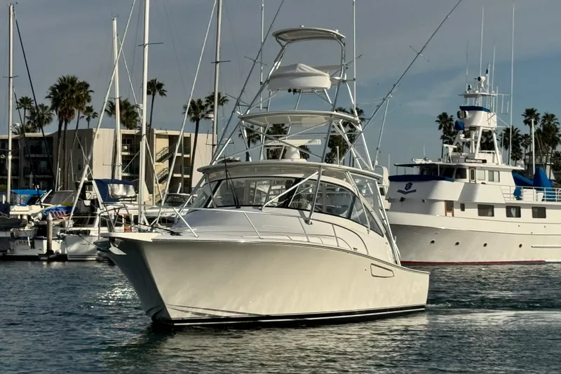 Slide: The Image of 2012 Viking 42 Open yacht in marina, surrounded by palm trees and other boats. - 4