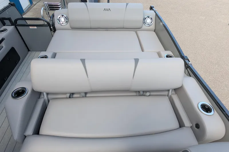 Slide: The Image of 2025 Avalon Catalina Versatile Rear Lounger with plush seating and integrated speakers. - 12