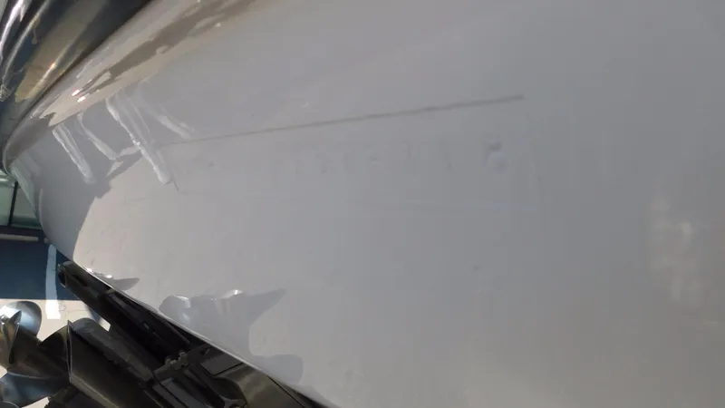 Slide: The Image of Close-up of a 2018 Monterey 378 SE boat hull, showcasing sleek design. - 25