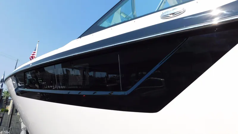 Slide: The Image of 2018 Monterey 378 SE yacht, sleek design, close-up view. - 20