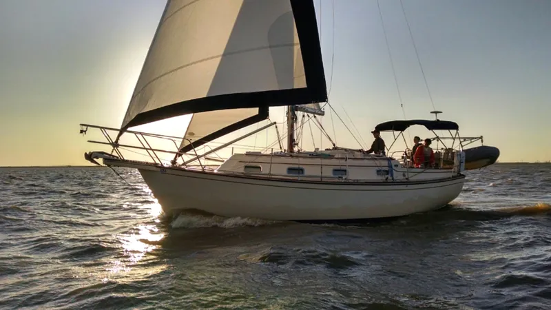 The Image of 1991 Island Packet 29 sailboat cruising at sunset on open water. - 1