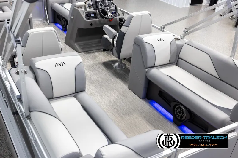 Slide: The Image of Luxurious 2025 Avalon VEN QL boat interior with modern seating and ambient lighting. - 11