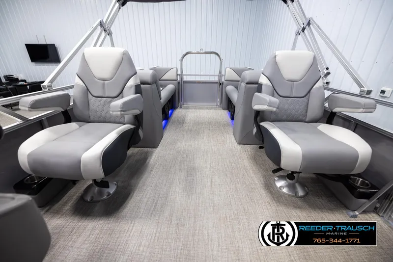 Slide: The Image of Luxurious interior of 2025 Avalon VEN QL boat with modern seating and ambient lighting. - 14