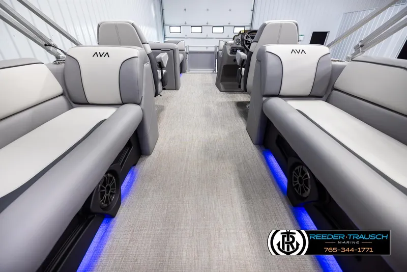Slide: The Image of Luxurious interior of 2025 Avalon VEN QL boat with modern seating and ambient lighting. - 16