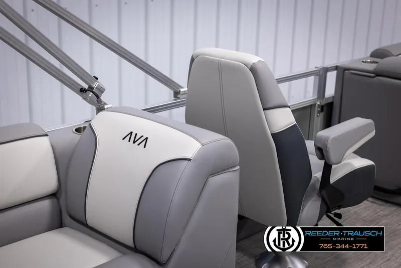Slide: The Image of Avalon VEN QL 2025 boat seats, gray and white upholstery, Reeder-Trausch Marine logo. - 22