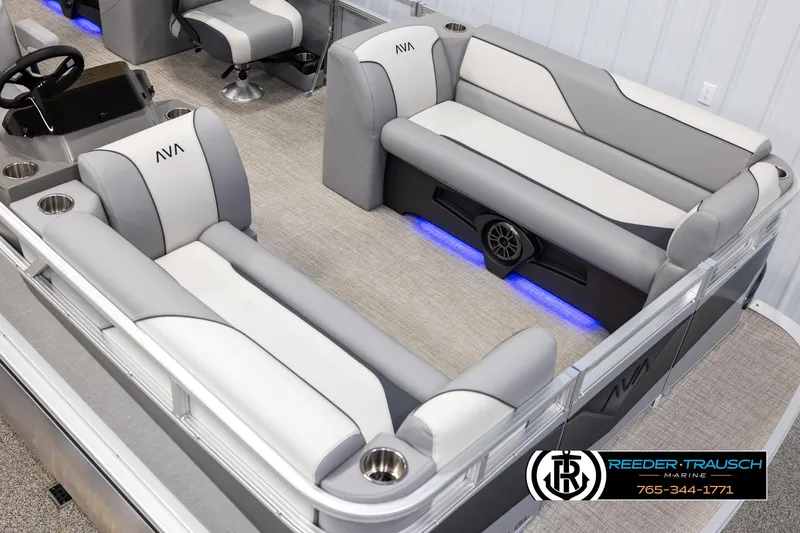 Slide: The Image of 2025 Avalon VEN QL boat interior with gray seating and blue LED lighting. - 9
