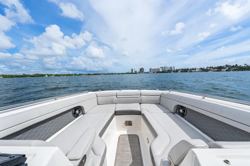 Slide: The Image of 2023 Sea Ray SDX 270 Outboard boat interior on a sunny day. - 28