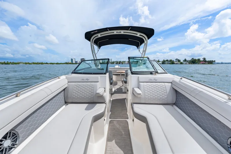 Slide: The Image of 2023 Sea Ray SDX 270 Outboard boat interior on a sunny day. - 29