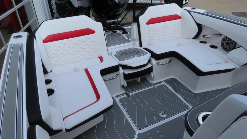 Slide: The Image of 2025 Sunsation 32 CCX boat interior with modern seating and stylish design. - 9