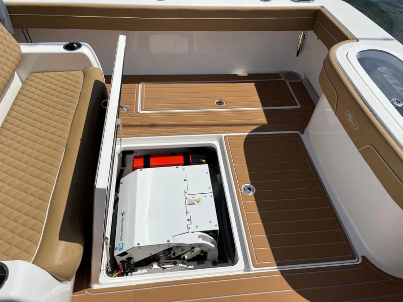 Slide: The Image of 2021 Valhalla V-41 boat deck with open hatch revealing equipment. - 24