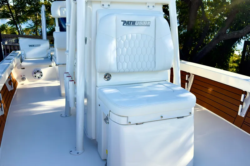 Slide: The Image of 2026 Pathfinder 2500 Hybrid boat speakers and structure, viewed from below against sky. - 6