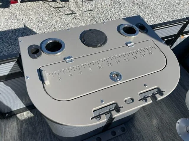 Slide: The Image of 2023 Qwest Pontoons E-Class XRE Cruise 822 LT fishing station with built-in measuring ruler. - 3