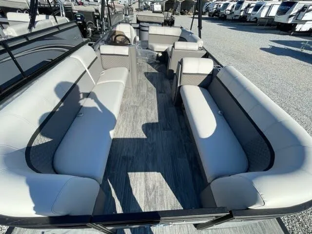 Slide: The Image of 2023 Qwest Pontoons E-Class XRE Cruise 822 LT with spacious seating and modern design. - 6