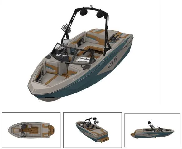 Slide: The Image of 2025 Axis Wake Research Core Series T220 boat, sleek design, multiple angles shown. - 2