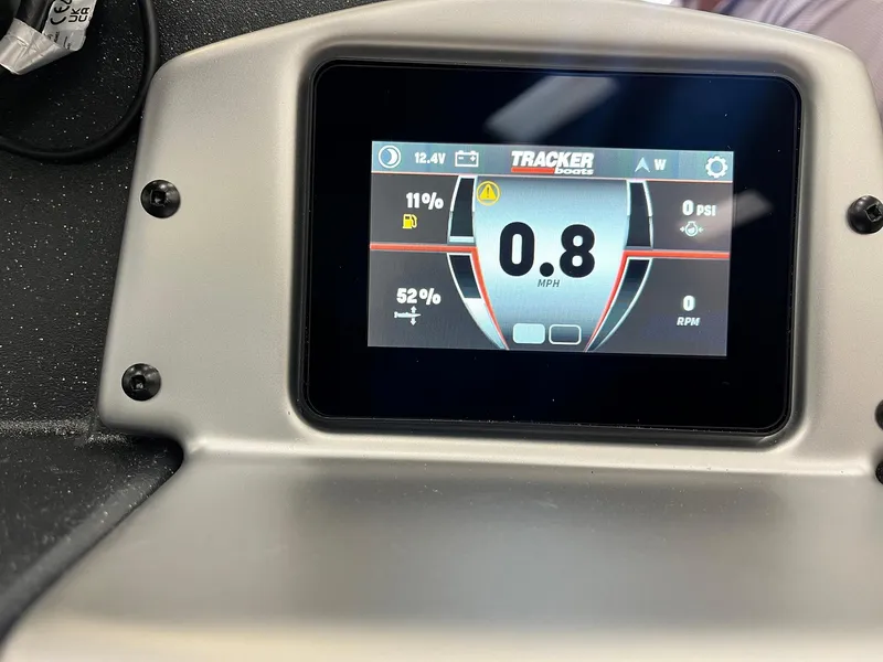 Slide: The Image of Dashboard display of 2025 Tracker Pro Team 175 boat showing speed and battery levels. - 28